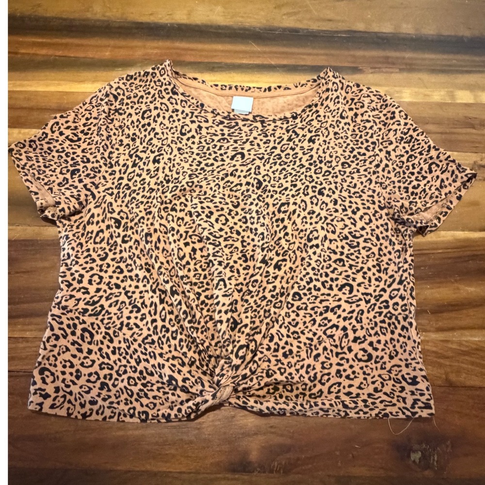 H&M Womens Leopard Print Front Knot Cropped T-Shirt Brown Large